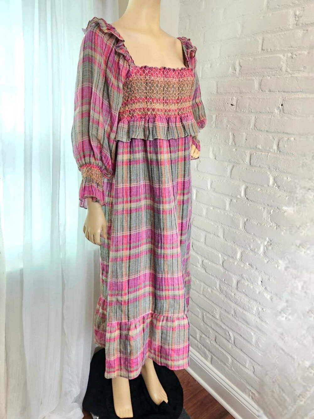 Frances Hart Pink Plaid Smocked Maxi Dress Size M Balloon Sleeve Maternity - Picture 2 of 6